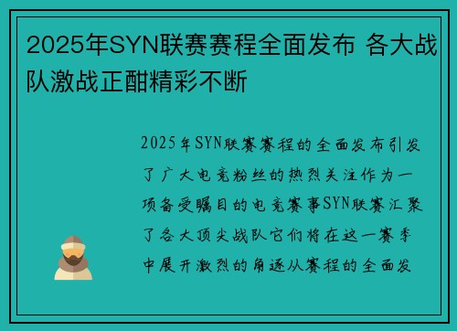 2025年SYN联赛赛程全面发布 各大战队激战正酣精彩不断