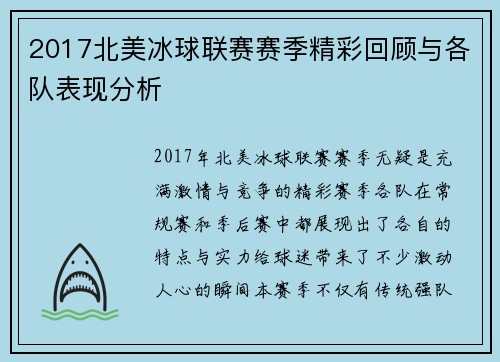 2017北美冰球联赛赛季精彩回顾与各队表现分析