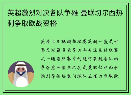 英超激烈对决各队争雄 曼联切尔西热刺争取欧战资格