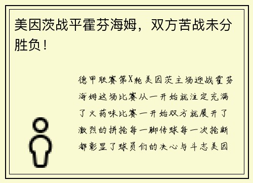 美因茨战平霍芬海姆，双方苦战未分胜负！