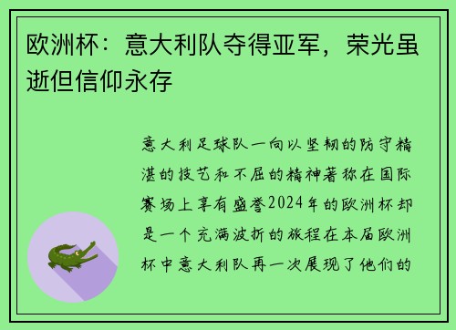 欧洲杯：意大利队夺得亚军，荣光虽逝但信仰永存